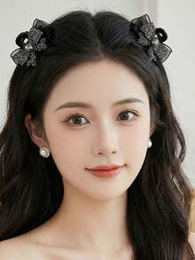 2件組女款網紗公主髮夾，水鑽蝴蝶結髮夾，8字型瀏海髮夾，AB雙面側髮夾，髮飾配件 - 黑色 - 查看 9