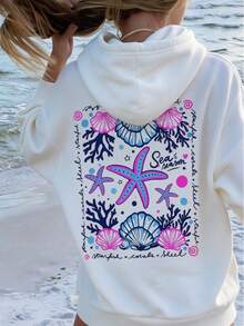 Starfish Shell Coral Print Girls Hooded Sweatshirt, Casual Long Sleeve Pullover Sportswear - White - View 2