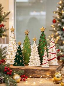6pcs Wooden Christmas Tree Desktop Decor Set - Vintage Distressed Style With Gold Star Topper; Suitable For Winter Holiday Table, Mantel Or Shelf Decoration, Christmas Baby Shower Party Decor, Baby Party Ornament, Party Favor Gift - Multicolor - View 1