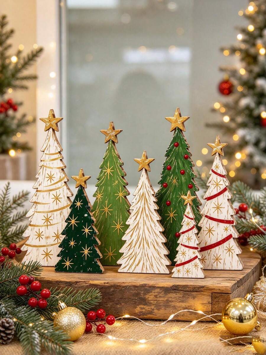 6pcs Wooden Christmas Tree Desktop Decor Set - Vintage Distressed Style With Gold Star Topper; Suitable For Winter Holiday Table, Mantel Or Shelf Decoration, Christmas Baby Shower Party Decor, Baby Party Ornament, Party Favor Gift - Multicolor - View 1