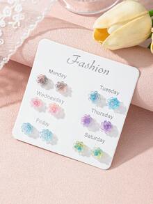 6 Pairs Gradient Multicolor Floral Combination Earrings, Delicate Stud Earring Set For Women's Daily Casual Wear - Multicolor - View 1