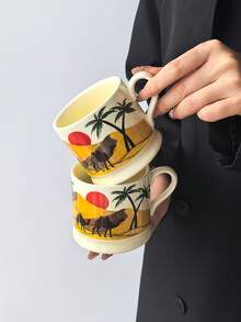 1pc Desert Camel Sunset Ceramic Mug, Middle Eastern Style Arabic Coffee Cup, Palm Tree Pattern Household Breakfast Cup, Water Cup, Tea Cup, Suitable For Brewing Coffee, Tea, Daily Use - Multicolor - View 2