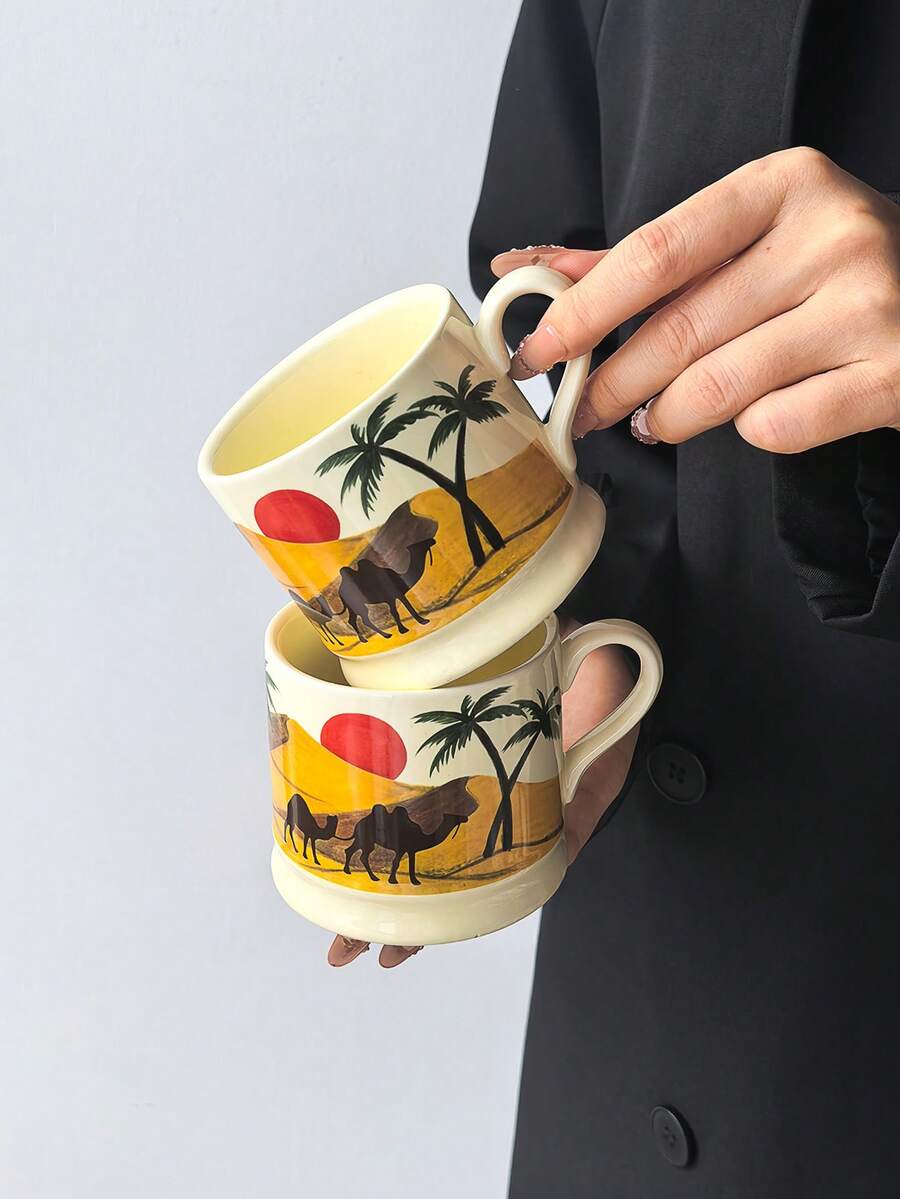 1pc Desert Camel Sunset Ceramic Mug, Middle Eastern Style Arabic Coffee Cup, Palm Tree Pattern Household Breakfast Cup, Water Cup, Tea Cup, Suitable For Brewing Coffee, Tea, Daily Use