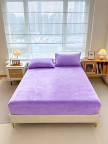 淡紫色純色親膚柔軟舒適保暖水晶絨床單套組（1件床單 + 2件枕套），可機洗，適用於臥室、客房，四季皆宜 - 淡紫色 - 查看 11
