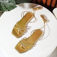 1 Pair Solid Color Sexy Criss-Cross Strap Gold Flat Sandals For Party, Vacation, Beach, Outdoor, Spring And Autumn - Gold - View 5