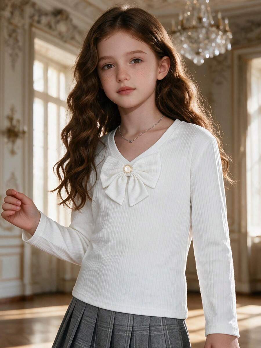 Girls' 3D Big Bow Striped Design V-Neck Long Sleeve T-Shirt, Autumn/Winter, Casual Outdoor Minimalist Fashion Versatile Elegant Preppy Style, Suitable For School, Commute, Social Gatherings - White - View 1