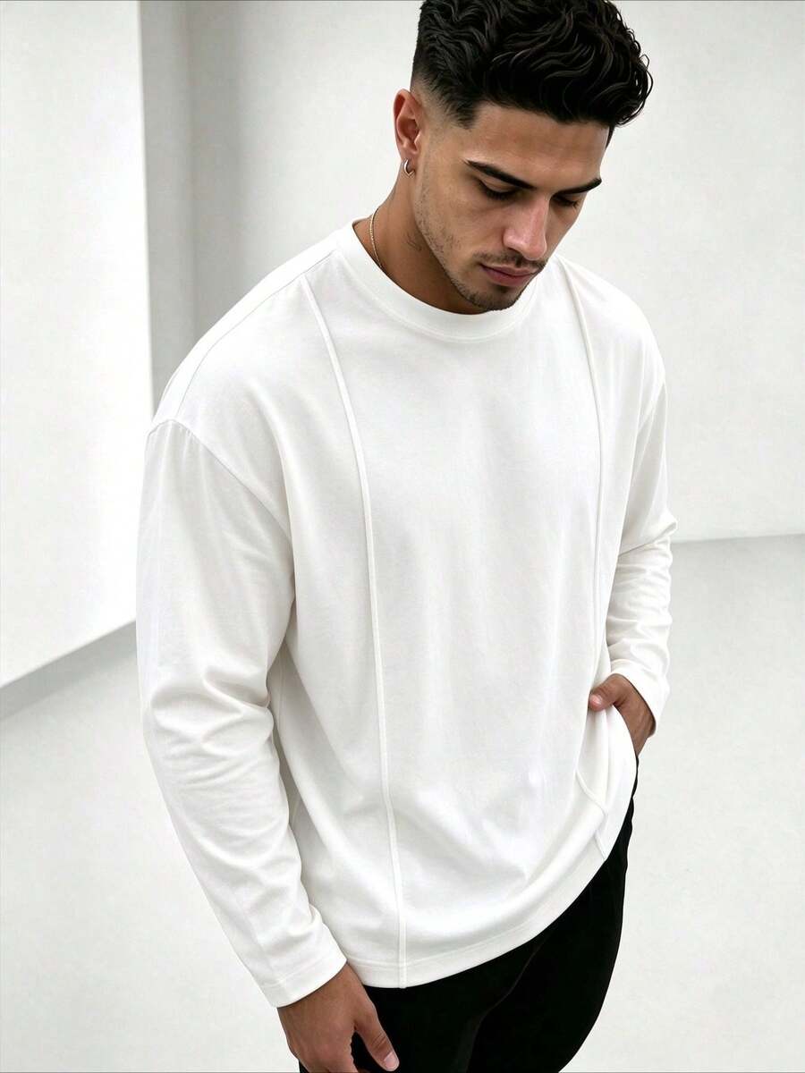 ZYNTH BALENO Men's Autumn/Winter Fashion Ice-Clear Cotton Drop Shoulder Loose Round Neck Long Sleeve T-Shirt, Essential For Summer Sports - White - View 1