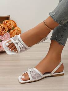New Elastic Band Elegant Lace Mesh Bowknot Decor Slip-On Round Toe Flat Sandals Women's Summer Vacation Beach Sandals - White - View 2