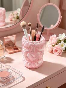 Vintage Heart-Shaped Cinch Storage Bucket, 3D Embossed Pleated Design, Rounded Body, Can Store Makeup Tools, Also Can Be Used As Desk Pen Holder, Dual-Purpose Atmosphere Storage Bucket For Desk And Vanity - Multicolor - View 6