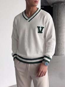 Boys' American Letter V-Neck Sweater, Autumn/Winter Fashion Collegiate Style Knit Pullover, Big Teen Boy Long Sleeve Versatile Top - White - View 1
