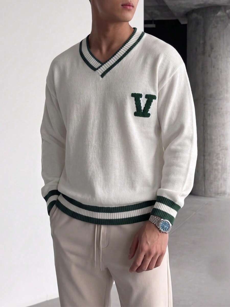 Boys' American Letter V-Neck Sweater, Autumn/Winter Fashion Collegiate Style Knit Pullover, Big Teen Boy Long Sleeve Versatile Top - White - View 1