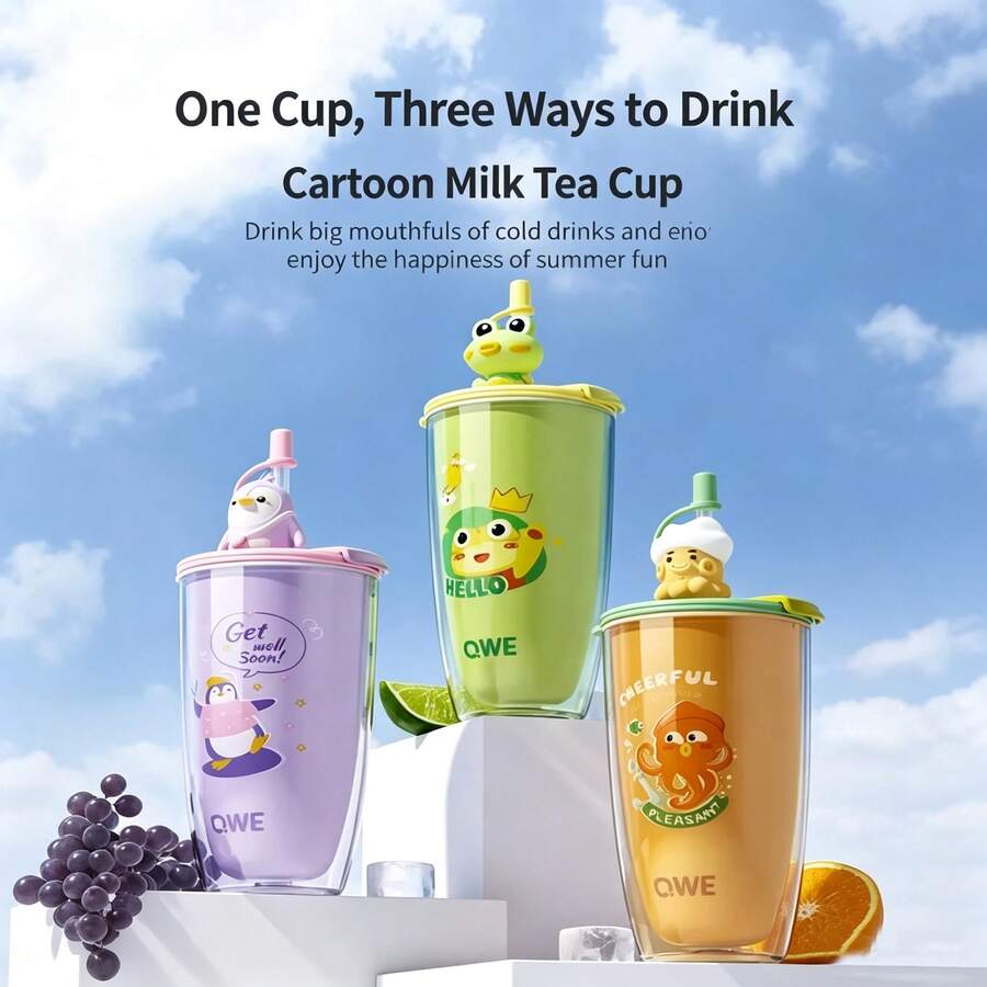 QWE AS Material Straw Water Bottle 600ML Cartoon 3D Figurine Straw Lid Portable Milk Tea Cup - Green - View 1