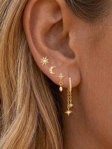 4 Pieces New Style Cubic Zirconia Star And Moon Earrings Set 18K Gold Plated Cartilage Piercing Pendant Chain Stud Earring Jewelry - 1-gold-4PCS - View 3