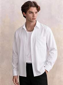 Men's Casual Loose Short Solid Color Long Sleeve Shirt, Versatile For Daily Wear And Commuting, Spring/Autumn - White - View 1