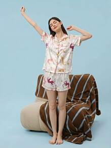 Joivida [Dreamery]Women's Animal Print Short Sleeve Shorts Pajama Set - Champagne - View 4