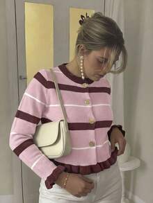 大尺碼女款秋季套裝，優雅荷葉邊飾多色長袖鈕扣開襟針織條紋毛衣，適合外出與通勤 - 粉色 - 查看 7