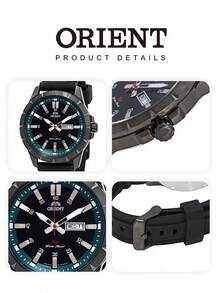 Men's ORIENT Quartz Watch, Matte Black Silicone Strap, Black Dial With Cyan Inner Ring, Day & Date Dual Display, Waterproof Outdoor Hiking Watch - Black - View 5