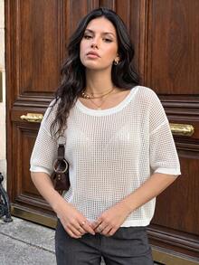 JustMiss Women's Knit Cover Up Round Neck Short Sleeve Mesh Hollow Out Loose Straight Fit Vacation Knit Top Spring Summer - White - View 1