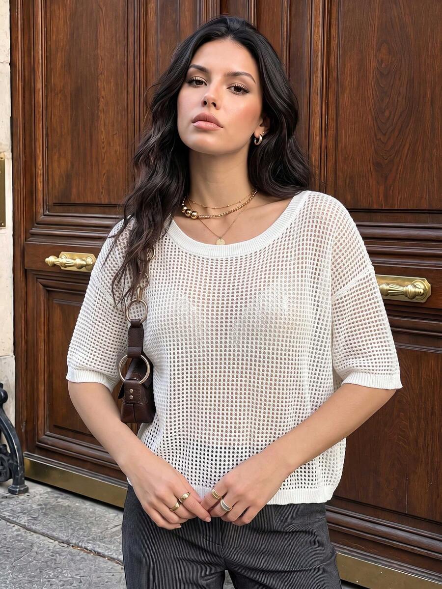JustMiss Women's Knit Cover Up Round Neck Short Sleeve Mesh Hollow Out Loose Straight Fit Vacation Knit Top Spring Summer - White - View 1