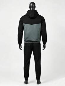 1 Set Men's Autumn Colorblock Hooded Sports Outfit, Zip-Up Jacket + Elastic Drawstring Joggers, 2-Piece Casual Running Fitness Daily Wear - Dusty Blue - View 10
