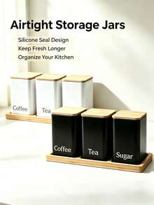 Kitchen Food Storage Canister Set, Bread Box Set,Tea Coffee Sugar Jars With Bamboo Lids, Metal Airtight Containers & Bread Bin, Space Saving Countertop Food Storage Organizer For Pantry, Easy To Clean,2 Styles Optional - View 12
