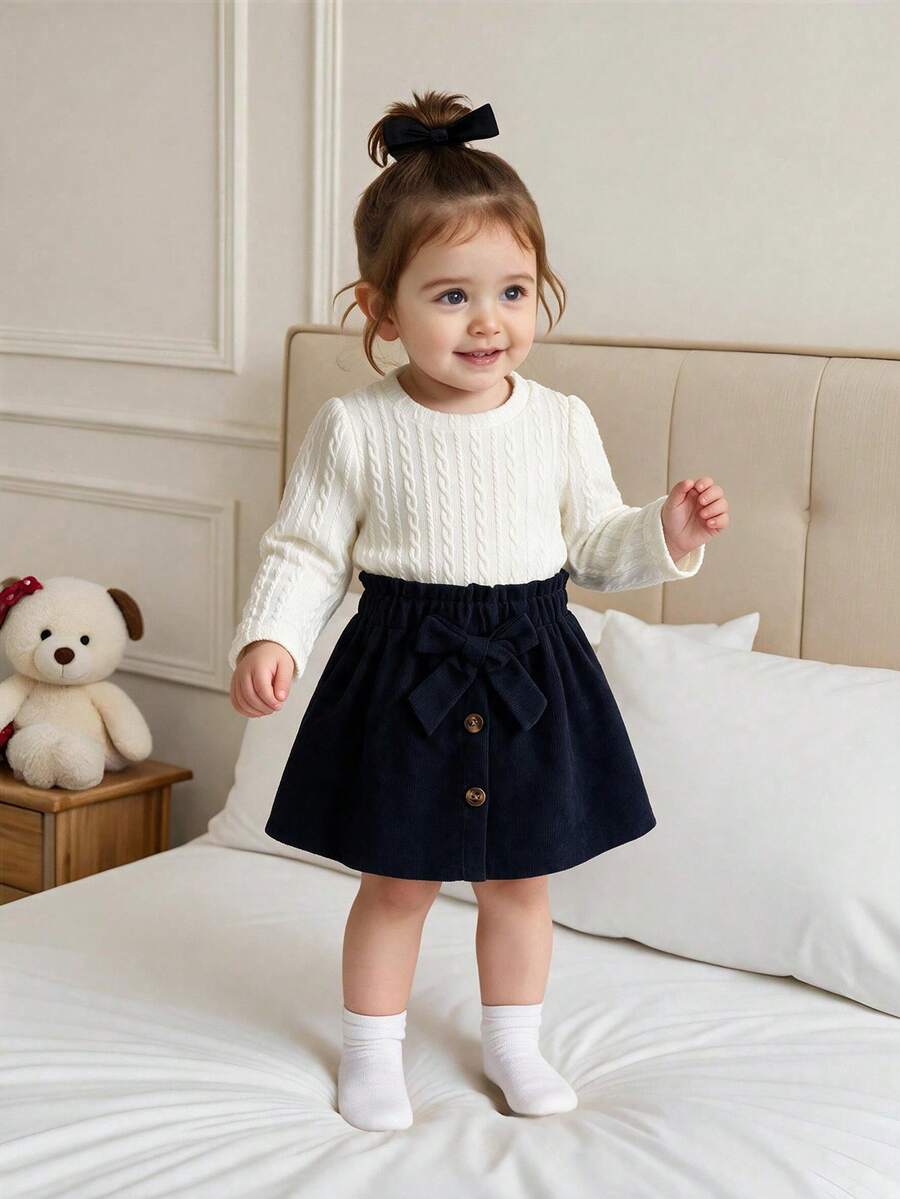 2pcs Baby Girl Fresh Artistic Style Round Neck Long Sleeve Top & Corduroy Bowknot Button A-Line Skirt Set, Spring Autumn Thin - Navy Blue - View 1