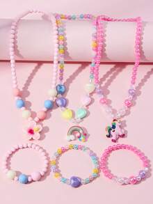 6pcs/Set Kalung & Gelang Liontin Unicorn Bunga Pelangi, Dengan Manik-Manik Warna-warni Acak - MultiWarna - View 7