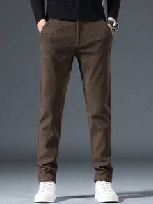 Men's Elastic Waist Solid Color Slanted Pocket Casual Long Pants - Coffee Brown - View 2