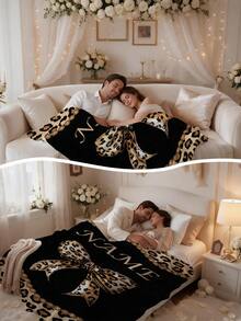1pc Customized Blanket, Soft Plush Blanket With Customizable Name, Leopard Print & Bow Element, Personalized Name Blanket, Personalized Gift For Family, Customized Memorial Gift For Wife And Husband - Multicolor - View 6