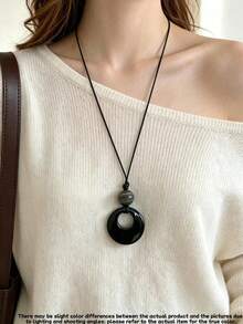 1pc Vintage Black Leather Cord Long Round Pendant Necklace, Suitable For Women's Daily Wear, Beach Vacation Accessory, Autumn/Winter Accessory, Holiday Gift - Black Geometric Long Necklace - View 6