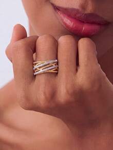 1pc Twisted Cross Ring, Inlaid With Sparkling Cubic Zirconia, Unisex, Suitable For Daily Wear Or Party Accessory. High-Quality Ring, Exquisite Jewelry, Perfect Gift. - Cross-threaded - View 1