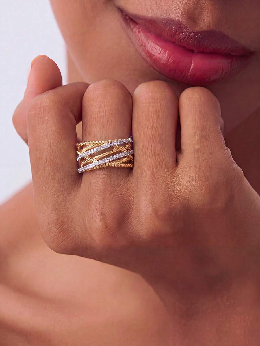 1pc Twisted Cross Ring, Inlaid With Sparkling Cubic Zirconia, Unisex, Suitable For Daily Wear Or Party Accessory. High-Quality Ring, Exquisite Jewelry, Perfect Gift. - Cross-threaded - View 1