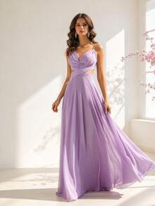 HOMEYEE Women's Fashion Solid Color Chiffon Sexy V-Neck Spaghetti Strap Backless Elegant A-Line Dress For Vacation, Cocktail, Bridesmaid Wedding Party Fall - Mauve Purple - View 2