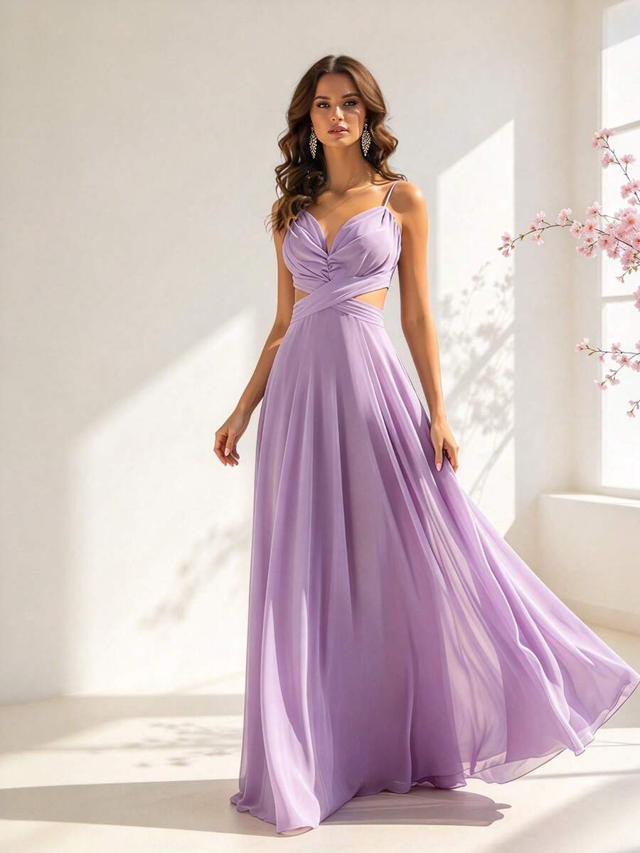 HOMEYEE Women's Fashion Solid Color Chiffon Sexy V-Neck Spaghetti Strap Backless Elegant A-Line Dress For Vacation, Cocktail, Bridesmaid Wedding Party Fall