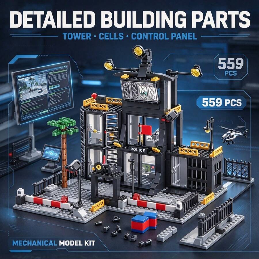 SWAT City Command Base Building Model, 559 Pieces Adult Collectible Building Blocks Set, Includes Command Tower, Jail Cells And Vehicle Details, Suitable As Gift For Halloween, Christmas, Thanksgiving And Birthday For Collectors - Black - View 1