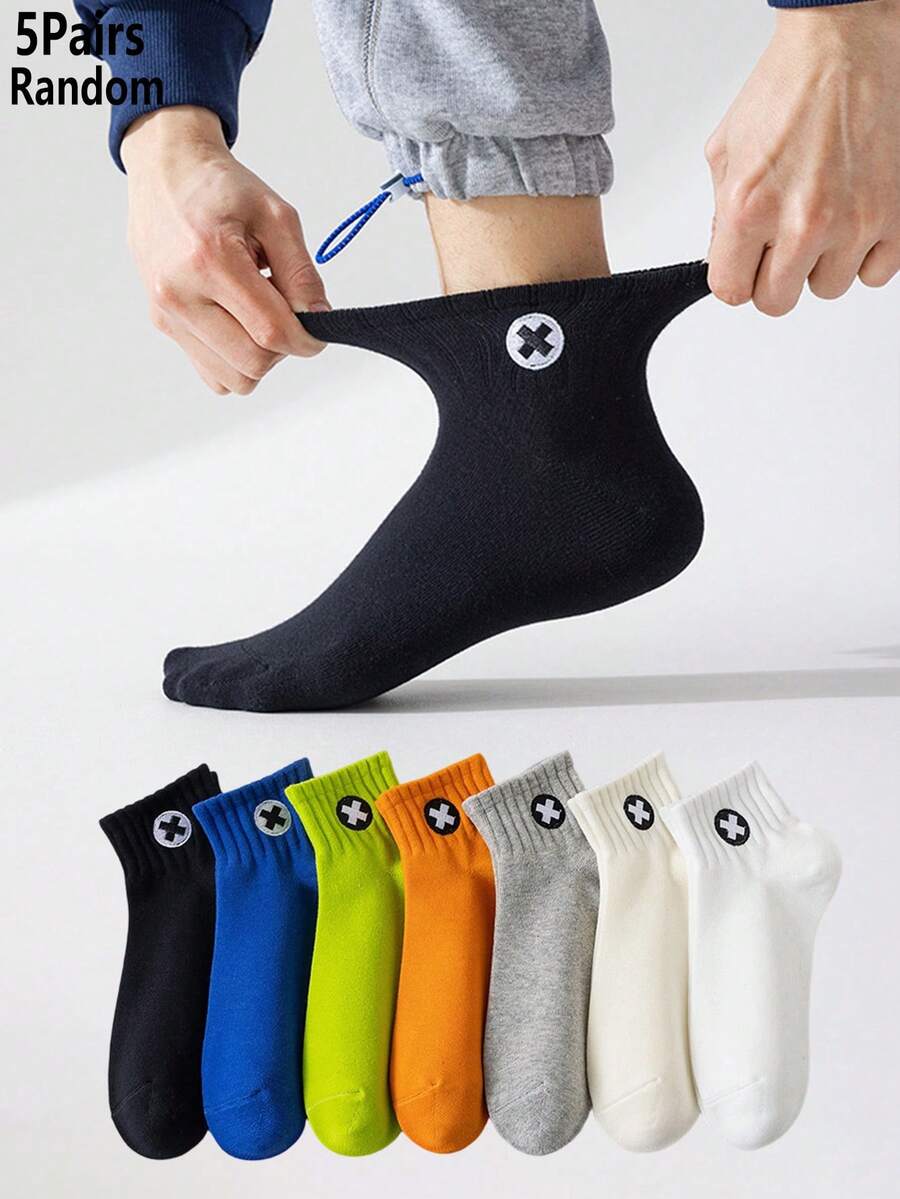 Men 5 Pairs Random Color Cross Embroidery Ankle Socks, Soft Breathable ...