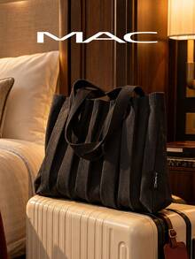 MAC Black Pleated Knit Tote Bag, Large Capacity Lightweight Shoulder Handbag For Daily Shopping Work - Black - View 3