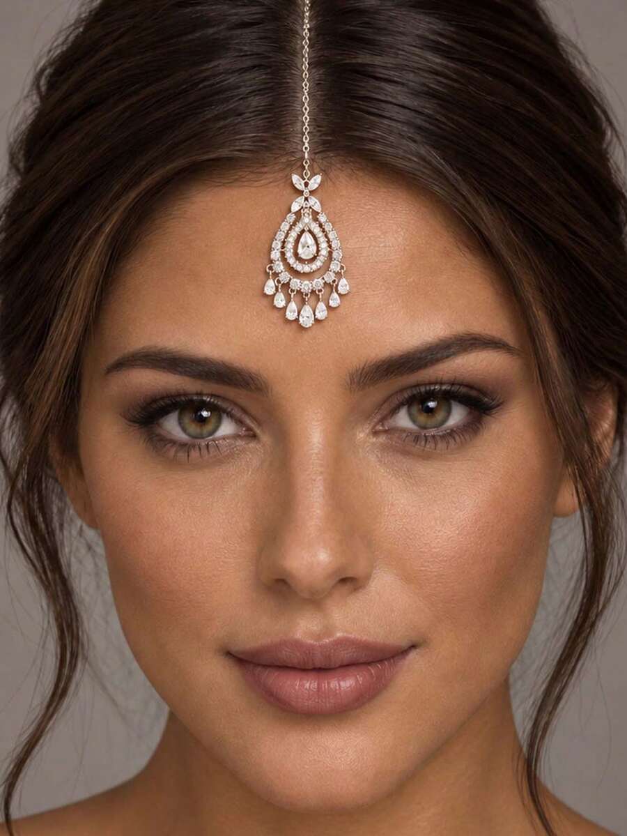 STONEFANS قطعة واحدة من إكسسوار شعر العروس الجديد بتصميم قلادة جبهة على شكل قطرة ماء، سلسلة شعر للزفاف بأسلوب أوروبي أمريكي مرصعة بالراين - متعدد الألوان - مشاهدة 1