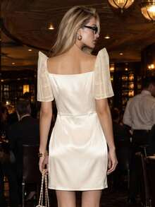 Amyenjoylife Modern Filipino Style Elegant Butterfly Sleeve Pleated Dress - Apricot - View 3