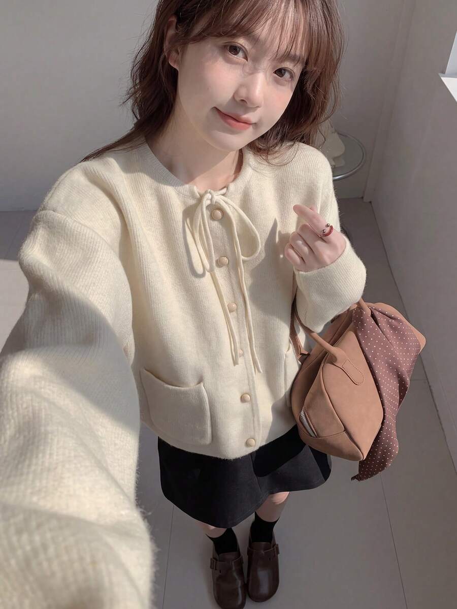 Alicedudu Women's Autumn & Winter Korean Style Tie Bow Thick Loose Knit Cardigan Sweater - Beige - View 1