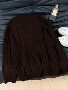 Plus Size Women's Vintage Cable Knit Long Sleeve Pullover Sweater, V-Neck, Versatile For Daily Wear And Commuting, Comfortable And Thick For Home And Autumn/Winter - Brown - View 7
