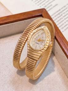 Women's Teardrop Dial Quartz Watch Luxury Gold Tone Snake Wrap Bangle Bracelet Wristwatch Gift For Her Birthday Christmas Valentine's Day - White - View 2
