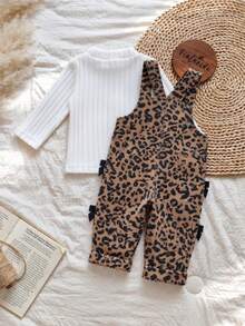 Autumn New Girls' Leopard Print Jumpsuit Set 2pcs, Black Bow Decor Leopard Print Overalls + White Semi-High Neck Ribbed Long Sleeve Base Layer - Brown - View 4