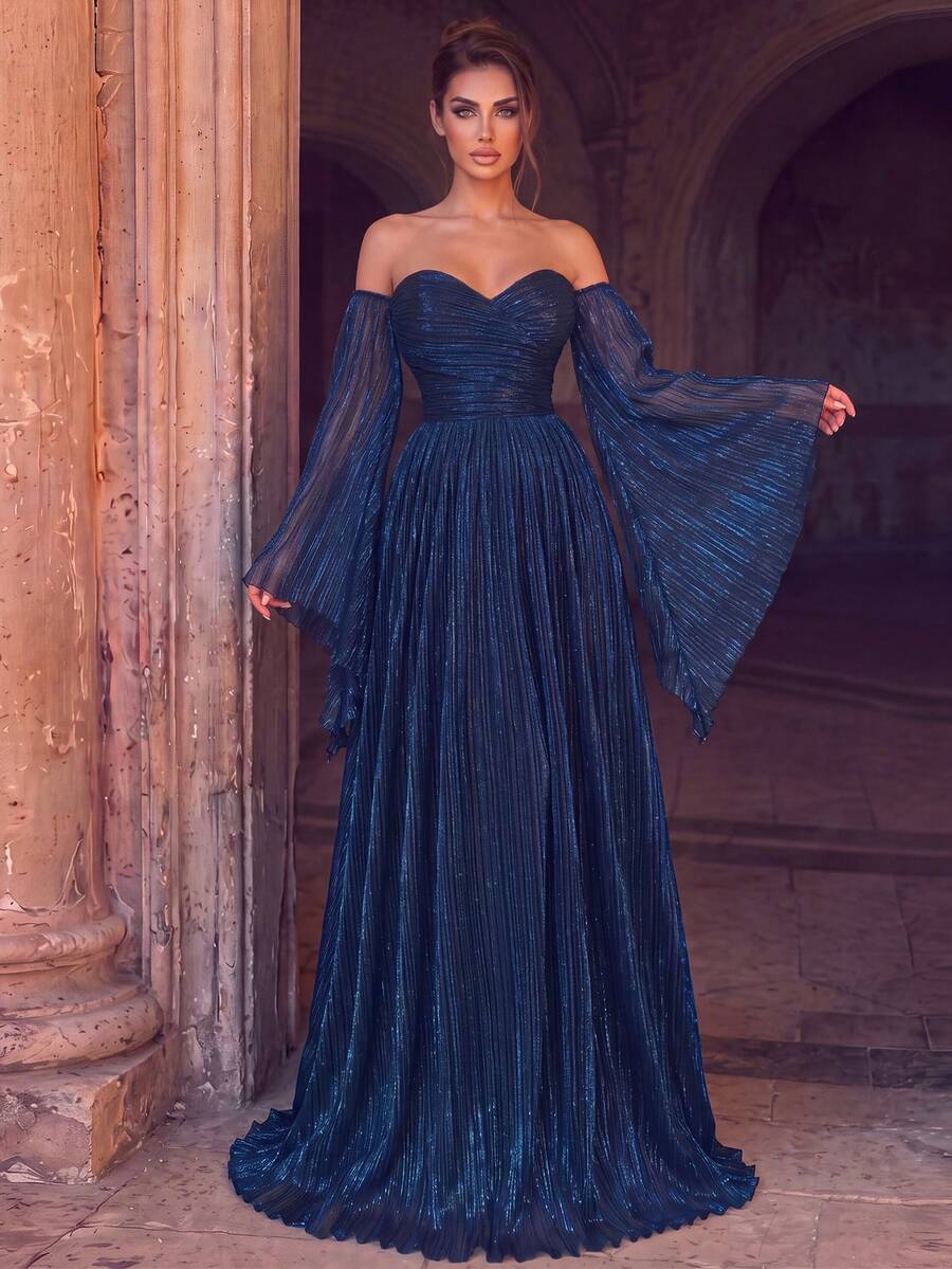 Women's Romantic Off-Shoulder Long Sleeve Ball Gown, Charming Blue Knit Fabric Fitted Waist Zipper Detail Dress, Suitable For Formal Occasions - Royal Blue - View 1