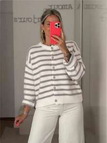 Áo cardigan len dệt kim cài nút phối màu sọc cho nữ size lớn - Màu Khaki - Xem 2