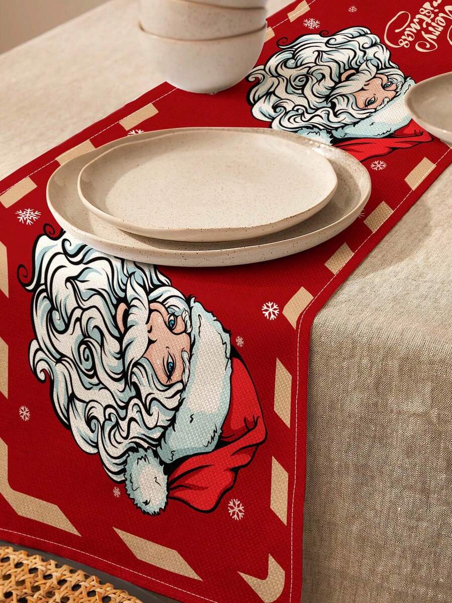 1pc Christmas Pattern Printed Linen Table Runner, Placemat, Suitable For Holiday, Party, Birthday, Dinner, Kitchen Dining Table Decoration, Shoe Cabinet Storage Cabinet Cover, All Season Room Decor, Home Textile Decoration Table Runner Placemat - Multicolor - View 1