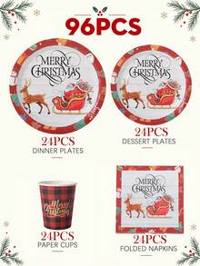 120PCS Christmas Disposable Paper Tableware Set, Includes 7-Inch And 9-Inch Plates, Paper Cups, Napkins And Straws; Pattern Designs Cover Santa Claus, Reindeer Sleigh, Buffalo Plaid, Snowman And Christmas Tree, Suitable For Christmas Party, Holiday Dinner, Winter Celebration And Various Party Events. - Multi-color 2 - View 8