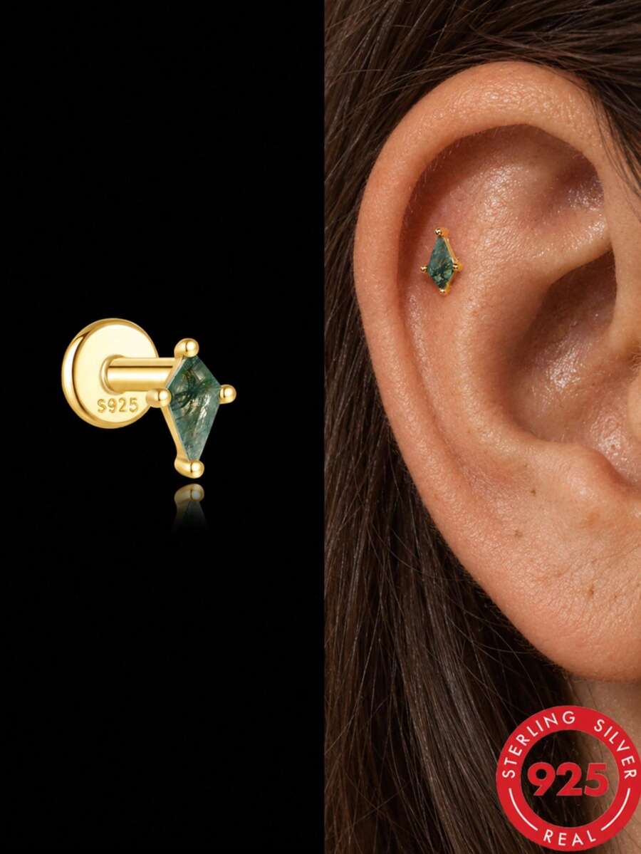 1Pc 925 Sterling Silver Irregular Earrings For Women Classic Agate Stud Earring Flat Back Helix Cartilage For Daily Wear Wedding Fine Jewelry - Gold - View 1