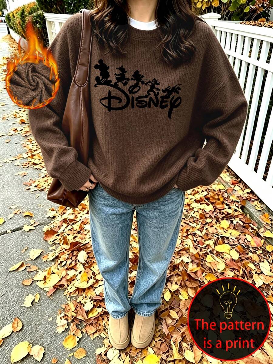 Women's Plus Size Casual Faux Knit Top, Soft And Comfortable Fabric, Disney Character And Letter Print, Suitable For Autumn/Winter Wear - Brown - View 1