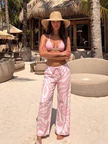 HOTTIE HABIT Women's 3-Piece Halter Triangle Bikini Set, Solid Pink Bikini Paired With Pink & White Zebra Print Loose Wide Leg Beach Pants, Suitable For Beach, Pool And Vacation - Baby Pink - View 3